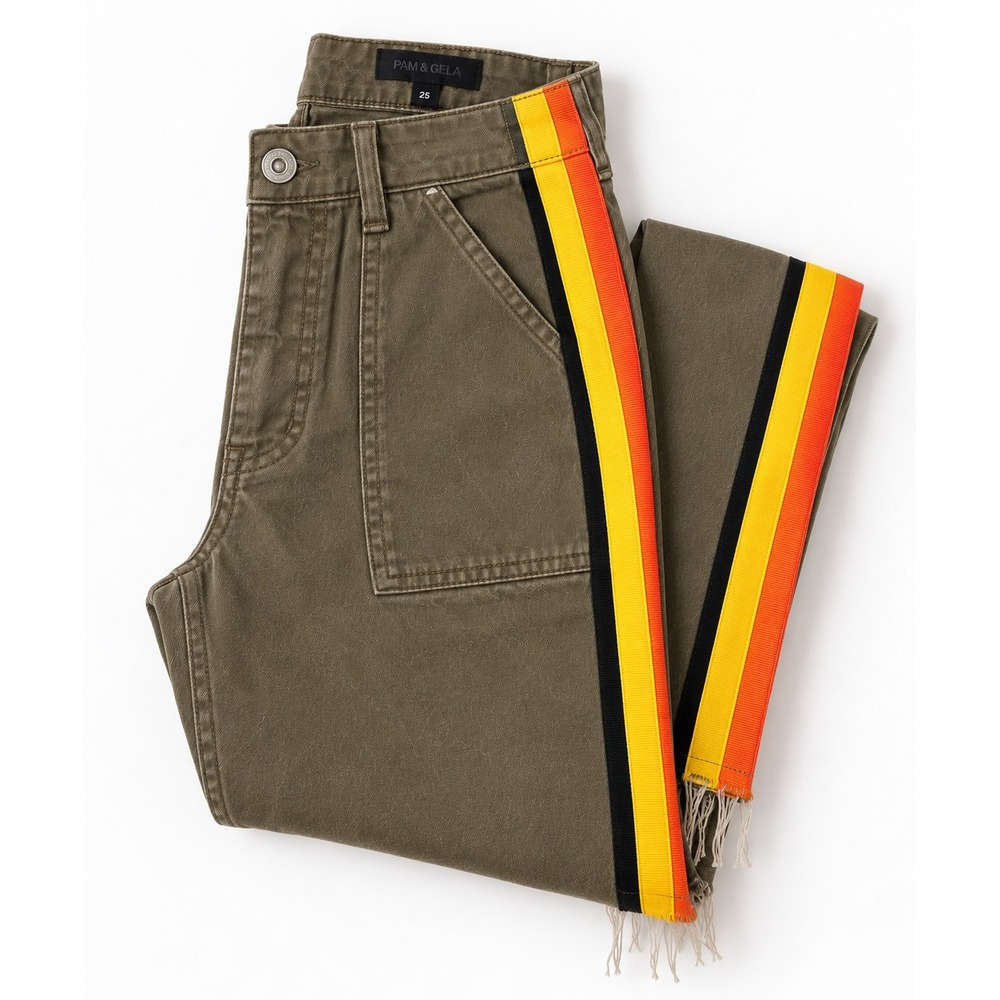 Pam & Gela Olive Uniform Side Stripe Crop Lace Up Back Utility Pants 25 - Picture 6 of 8